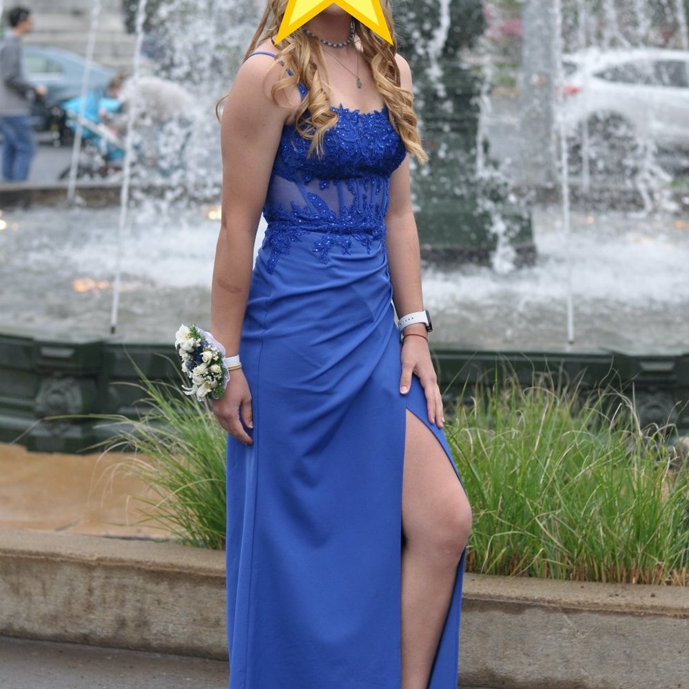 GALINA SIGNATURE sheath crepe gown with embellished corset bodice Blue 2